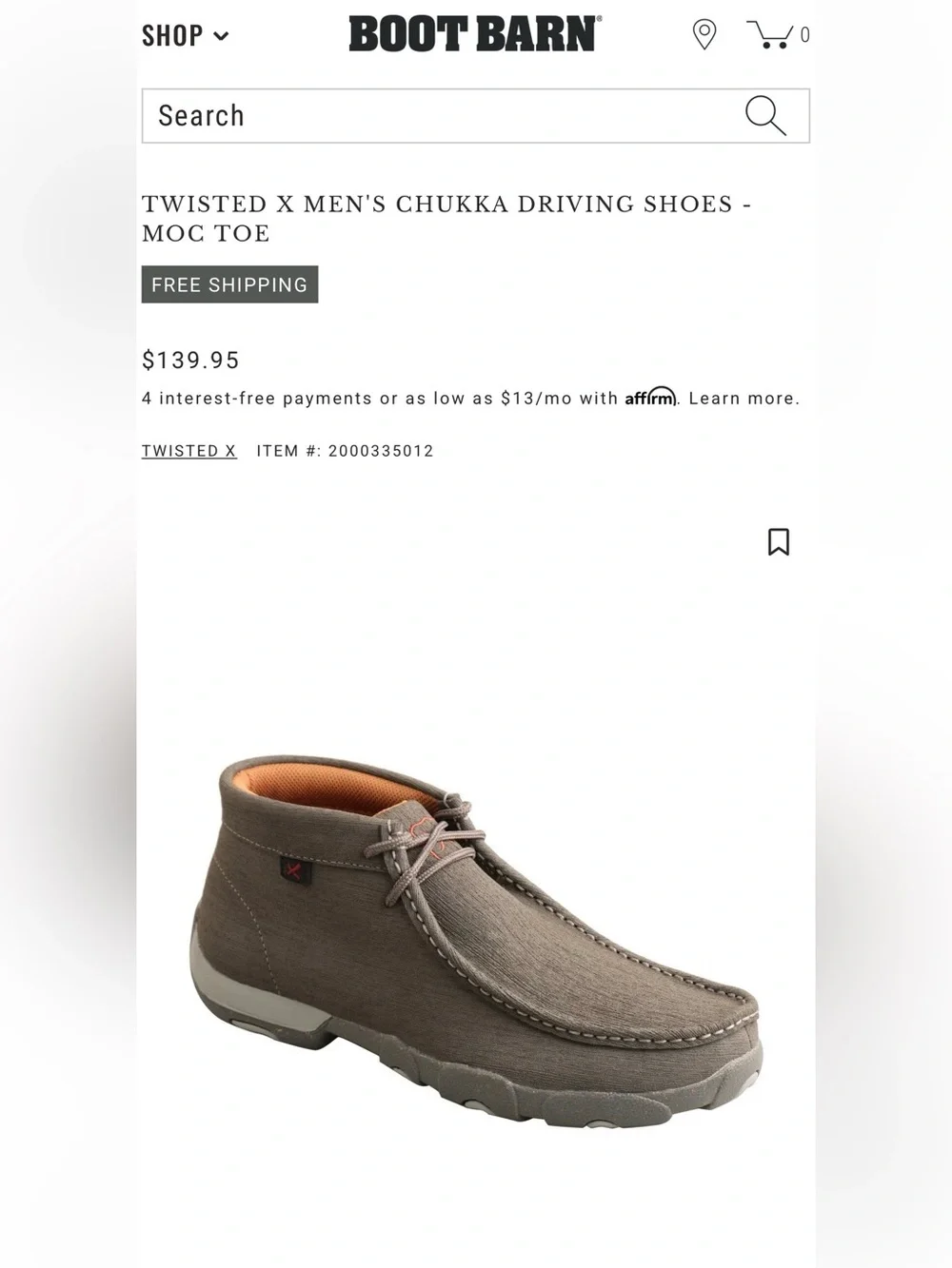 TWISTED X Men’s Chukka Driving Shoes - Gray Size 7M